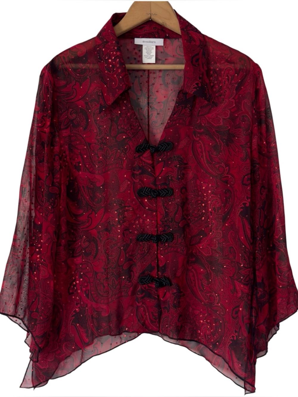 Dressbarn Y2K Whimsygoth Floral Blouse Large Red Button Up Sheer Fairy Grunge